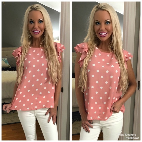 Tops - 🥰LAST 1! So Cute!! Pink Polka Dot Ruffle Top!